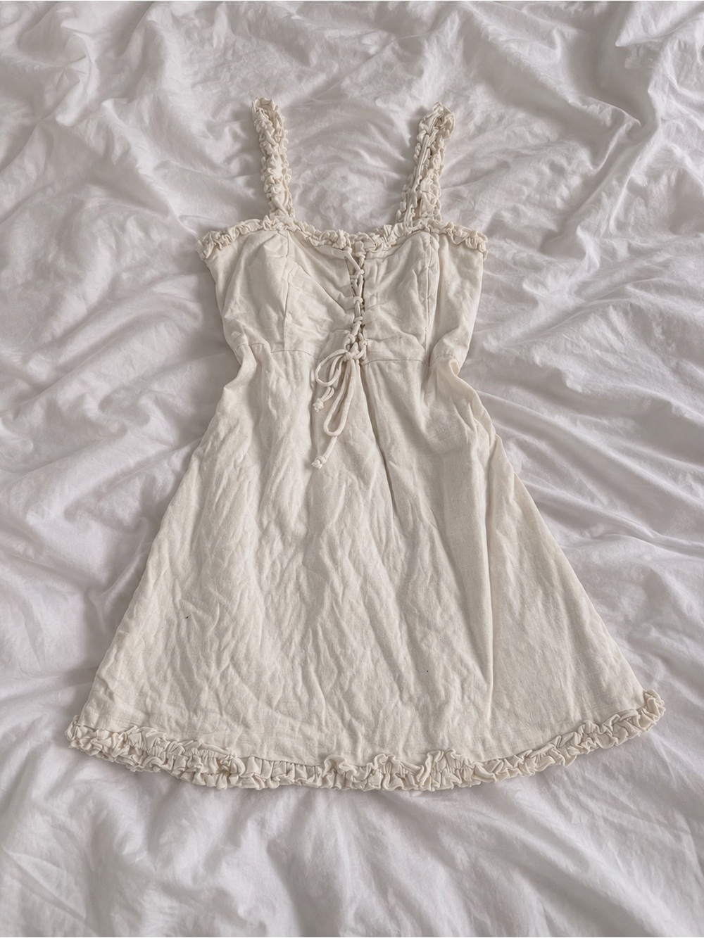 Urban Outfitters Cream Lace-Up Ruffled Slip Dress
